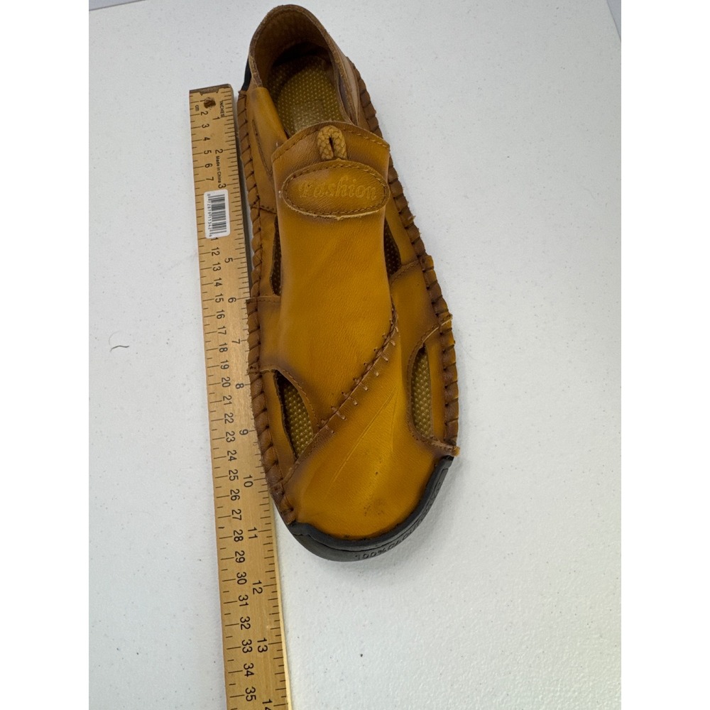 Fashion Mens Tan Leather Fisherman Sandals Closed Toe Stitched Rubber Sole 11.5 - Picture 9 of 10
